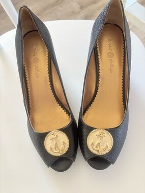 lindsay phillips Black Peep-Toe Heels with Gold Anchor Medallion